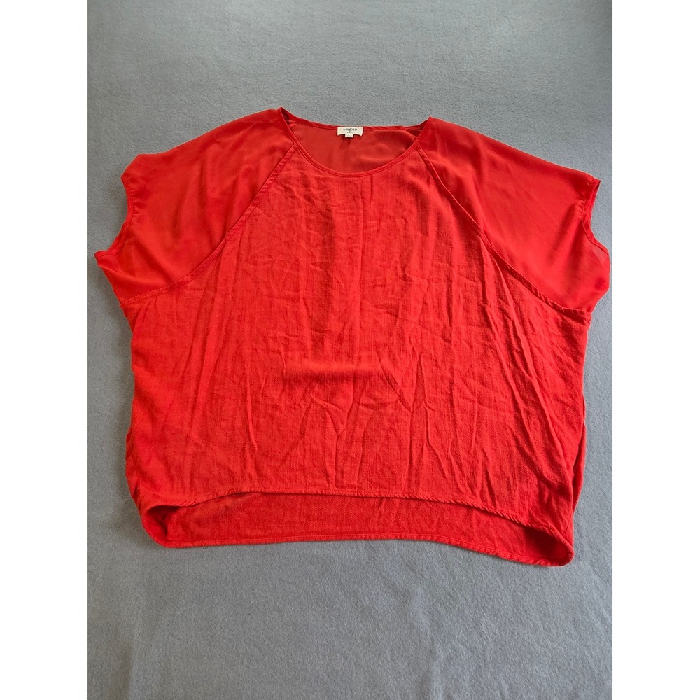 Umgee Blouse Womens Large Red Linen Blend Mixed Media Short Sleeve Boxy A6219